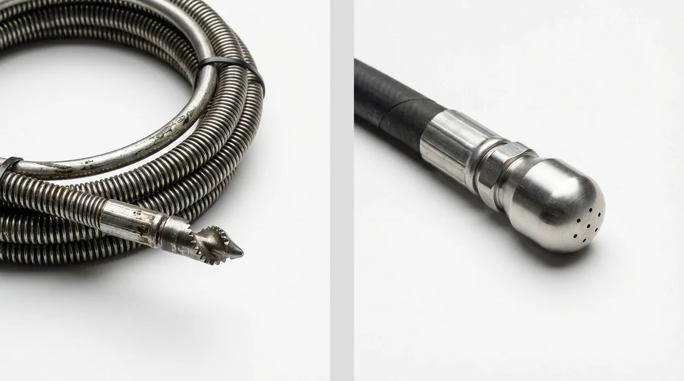 Drain snake cable and hydro jetting nozzle used for drain cleaning in Medford, WI