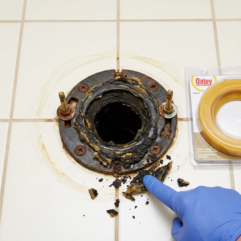 Failed wax ring showing water seepage at the base of a toilet in a Medford, WI home